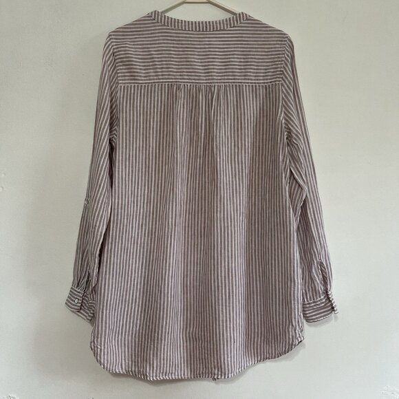 Sigrid Olsen 100% Linen Button Up Tunic Shirt Womens M Tan Striped Lagenlook - Picture 6 of 13